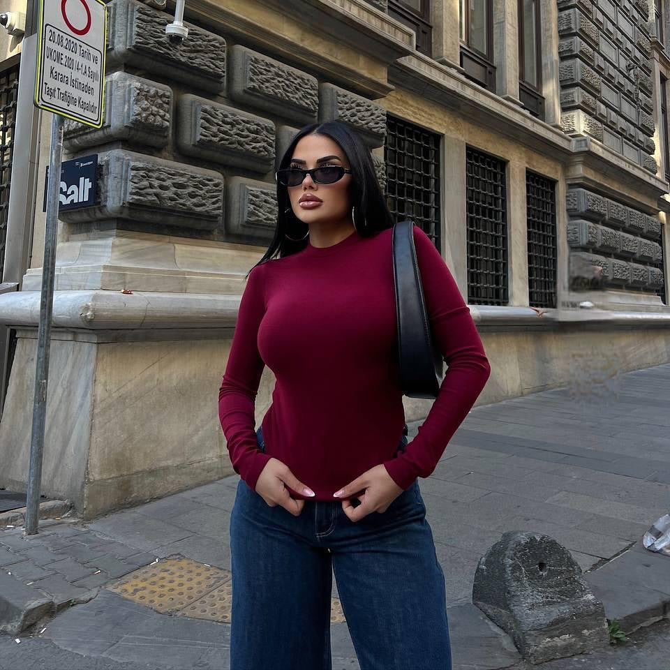 European and American fashion spring and autumn women's clothing long-sleeved semi-turtleneck T-shirt Spice girl tight top slim-fitting women's T-shirt