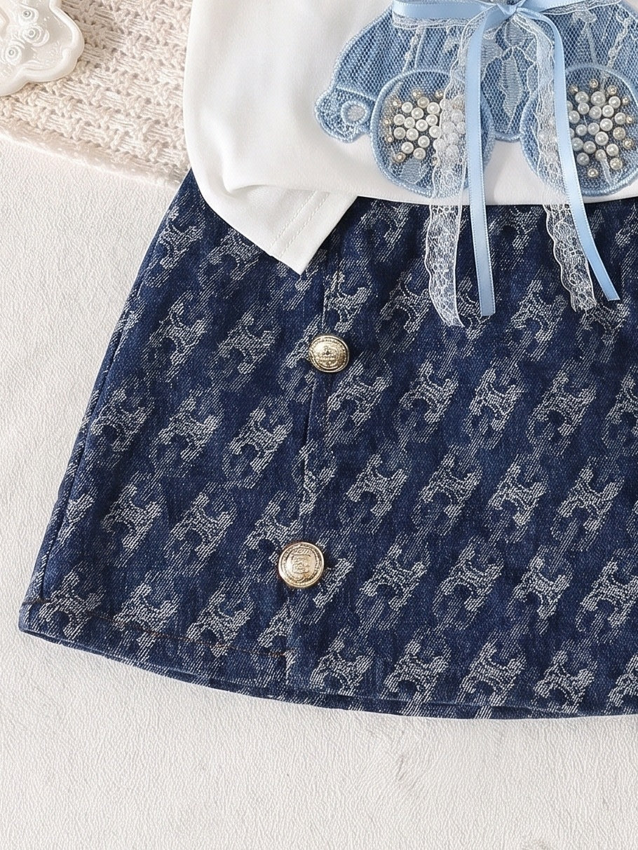 spring/summer new arrival: cross-border girls' knitted top with bear appliqué + denim skort two-piece set