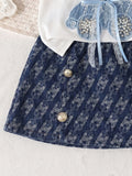 spring/summer new arrival: cross-border girls' knitted top with bear appliqué + denim skort two-piece set