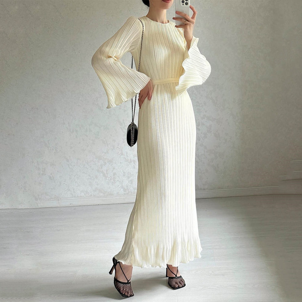 European and american cross-border women's fashion:  autumn hot-selling solid color flared sleeve round neck slim fit elegant dress