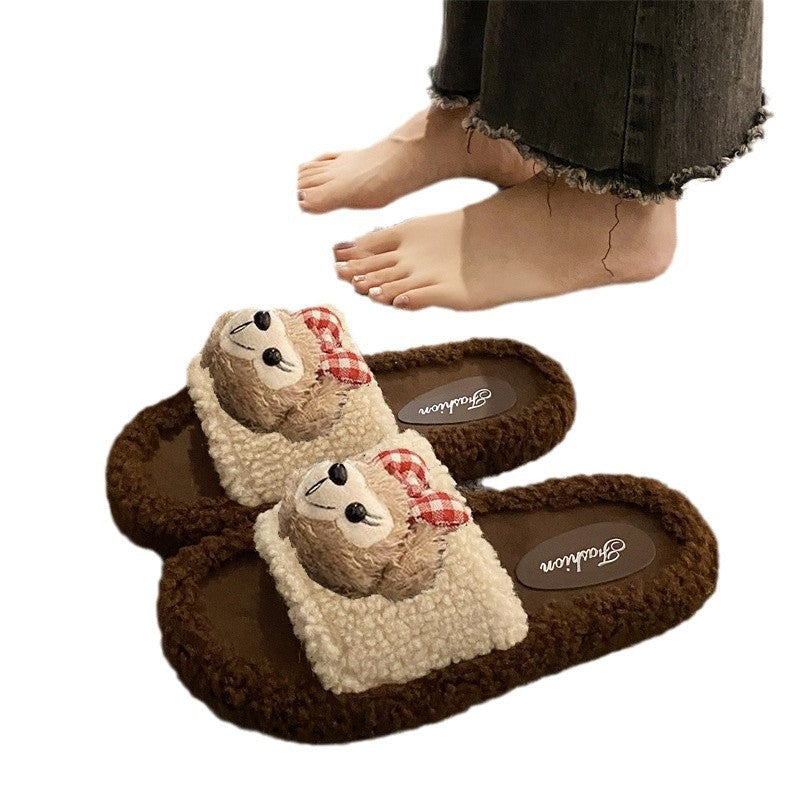 Cartoon cute lambswool slippers women's new autumn/winter korean style comfortable home anti-slip cotton slippers women's outdoor wear