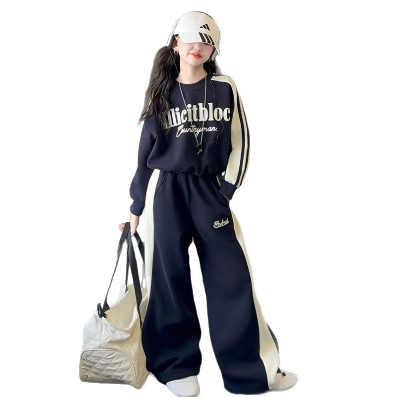 girls' casual activewear set: stylish spring/autumn two-piece outfit for girls - wide-leg pants and sweatshirt, trendy for mid-to-large children