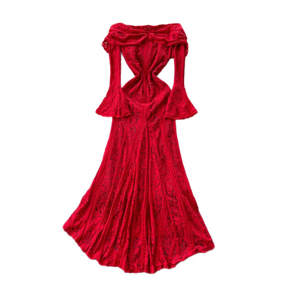 French one-shoulder lace cutout tie-up dress - women's slim fit, high-end goddess style, commute-ready elegant dress