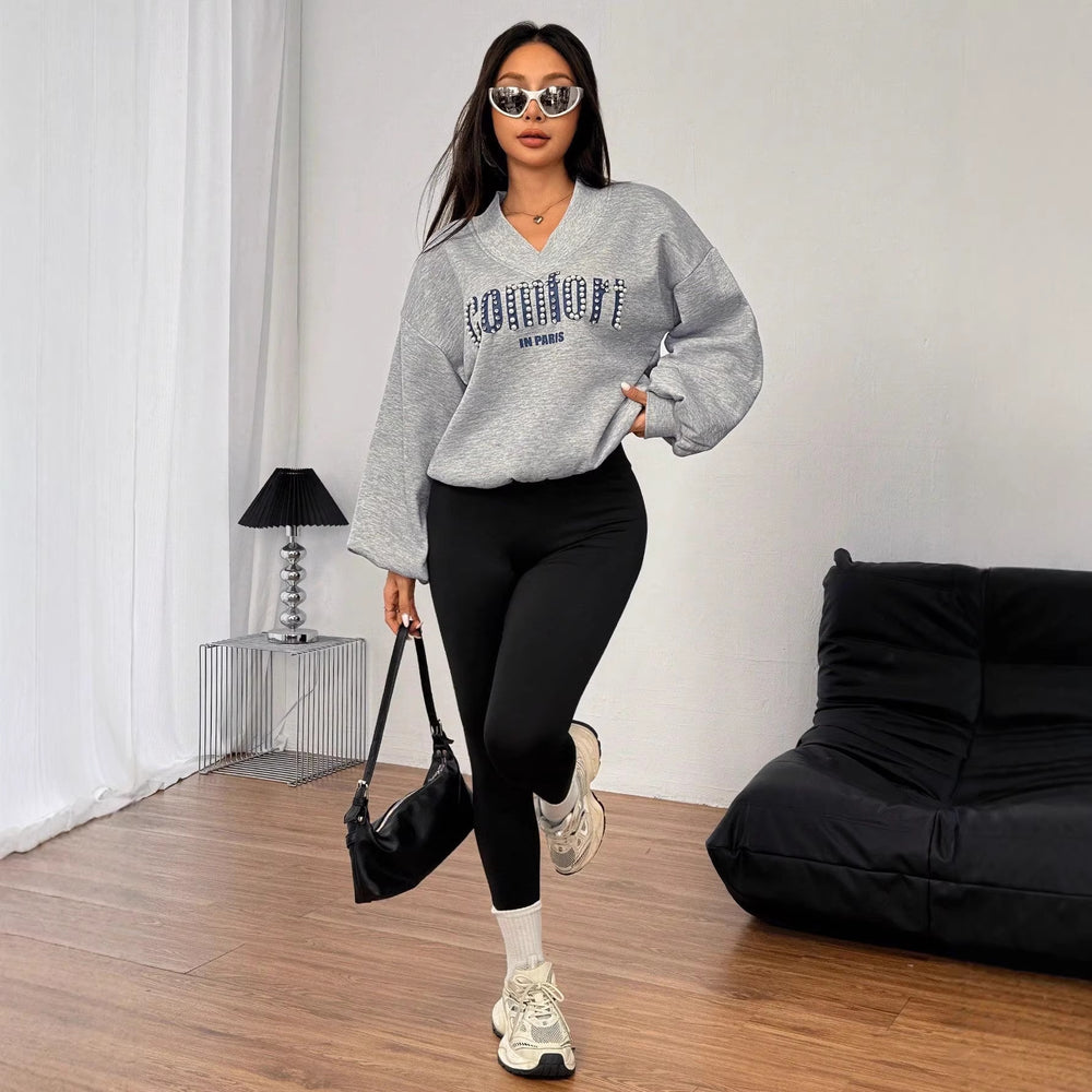 v-neck beaded letter sweatshirt women's loose lazy style pullover shirt fashion stylecasualeasiest for matchtops