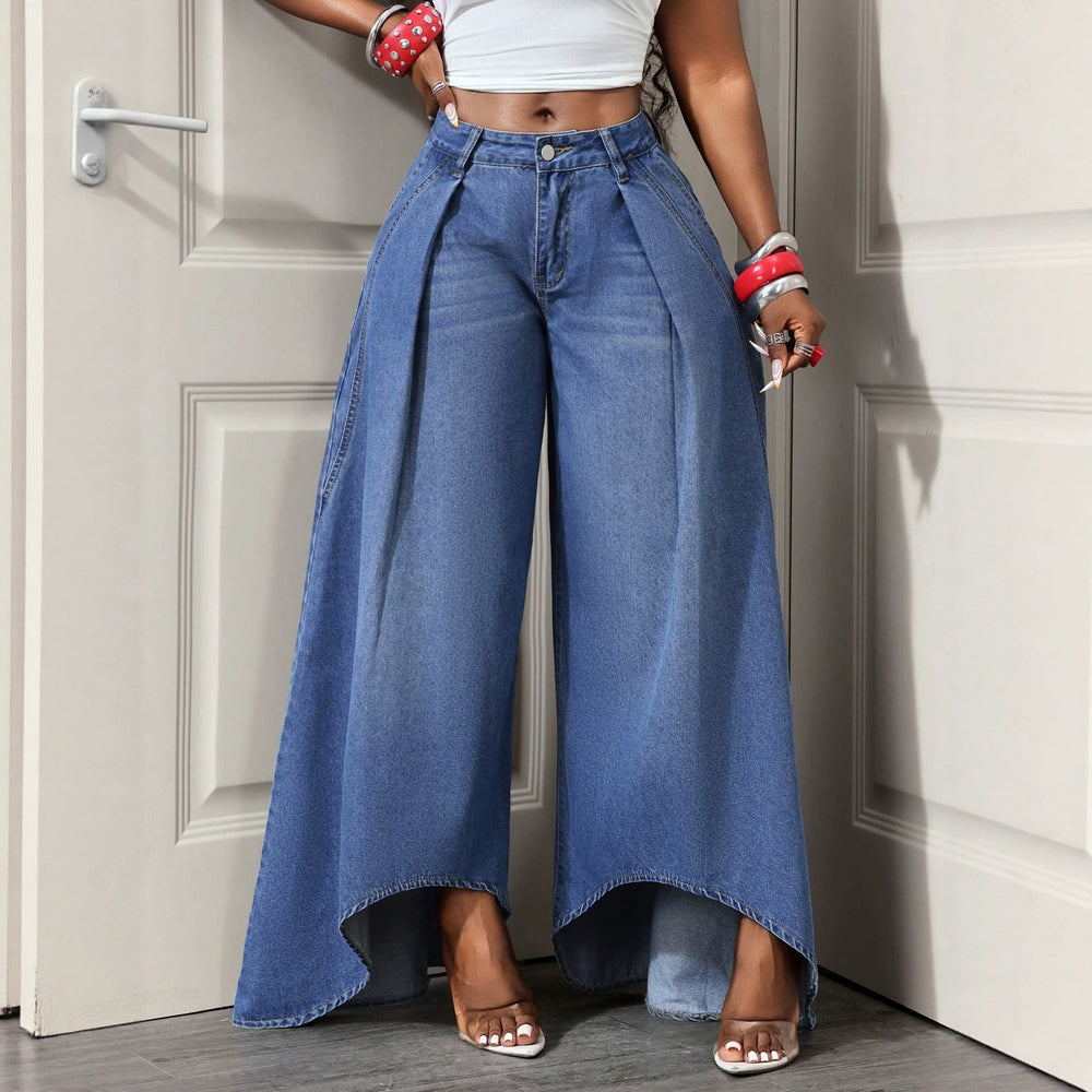 Fashionjeans women's double-layer patchwork slit loose pants high waist pleated large swing drapedmop denim pants