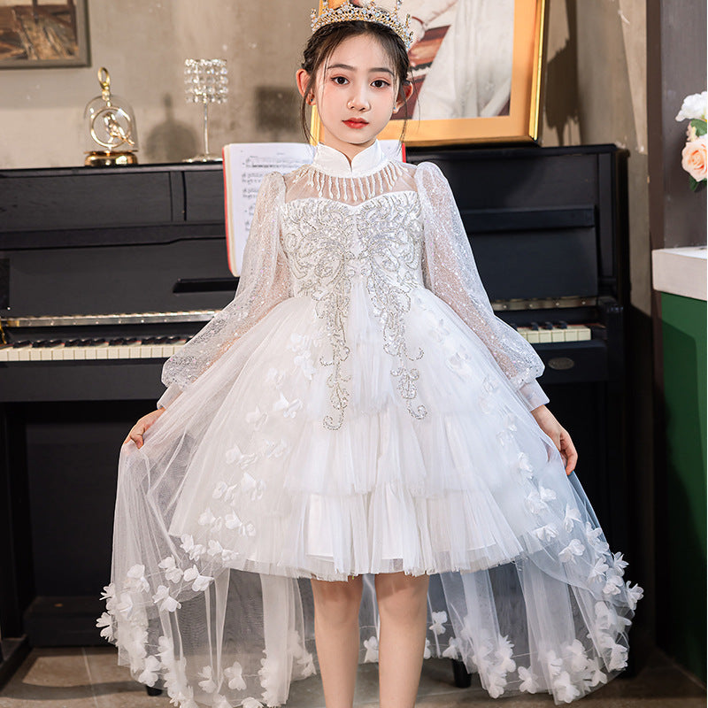 Amazon new girls' dress - train, lace, and tulle tutu - flower girl, banquet, and performance dress - cross-border ready stock