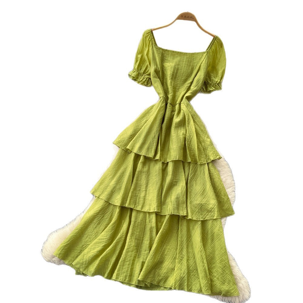 French holiday style puff sleeve square neck dress women's summer pleated waist slimming look layered ruffles cake skirt