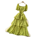 French holiday style puff sleeve square neck dress women's summer pleated waist slimming look layered ruffles cake skirt