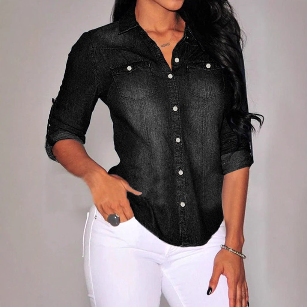 Europe and the United States  spot women's top solid color long-sleeved lapel pocket cardigan irregular hem denim shirt