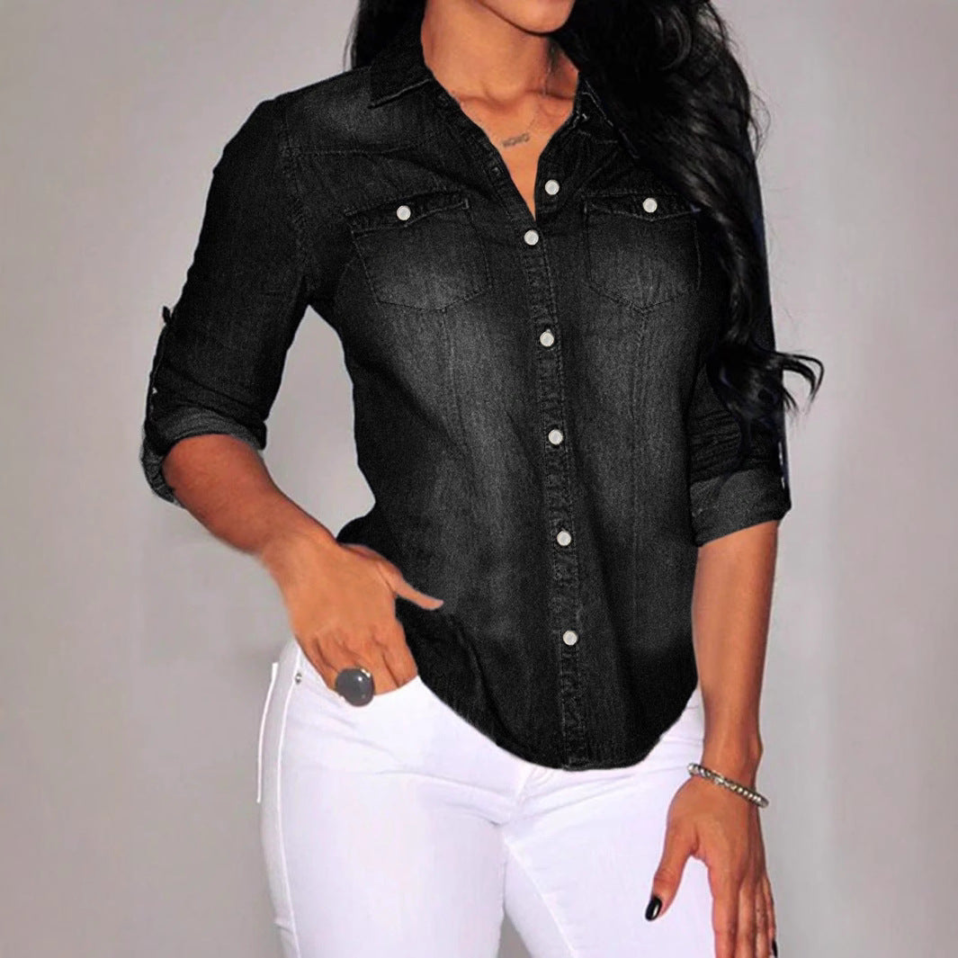 Europe and the United States  spot women's top solid color long-sleeved lapel pocket cardigan irregular hem denim shirt