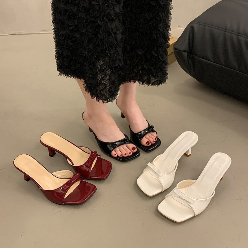 French high-heeled slippers: new 2024 women's summer outdoor square-toe stiletto thong sandals with bow detail - versatile and chic