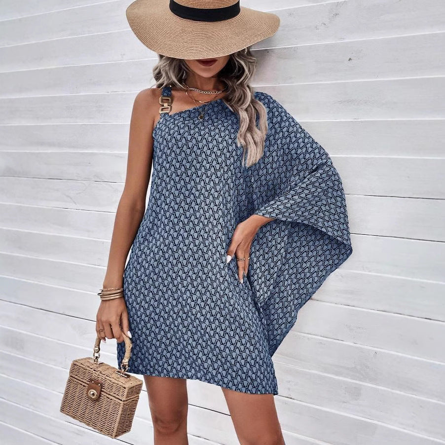 Amazon independent station fashion cross-border new arrival women's fashion bat sleeve asymmetrical looseprintingdress