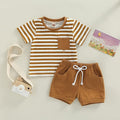 Amazon ins  hot selling baby boy fashion striped short sleeve tops with pocket shorts two-piece set