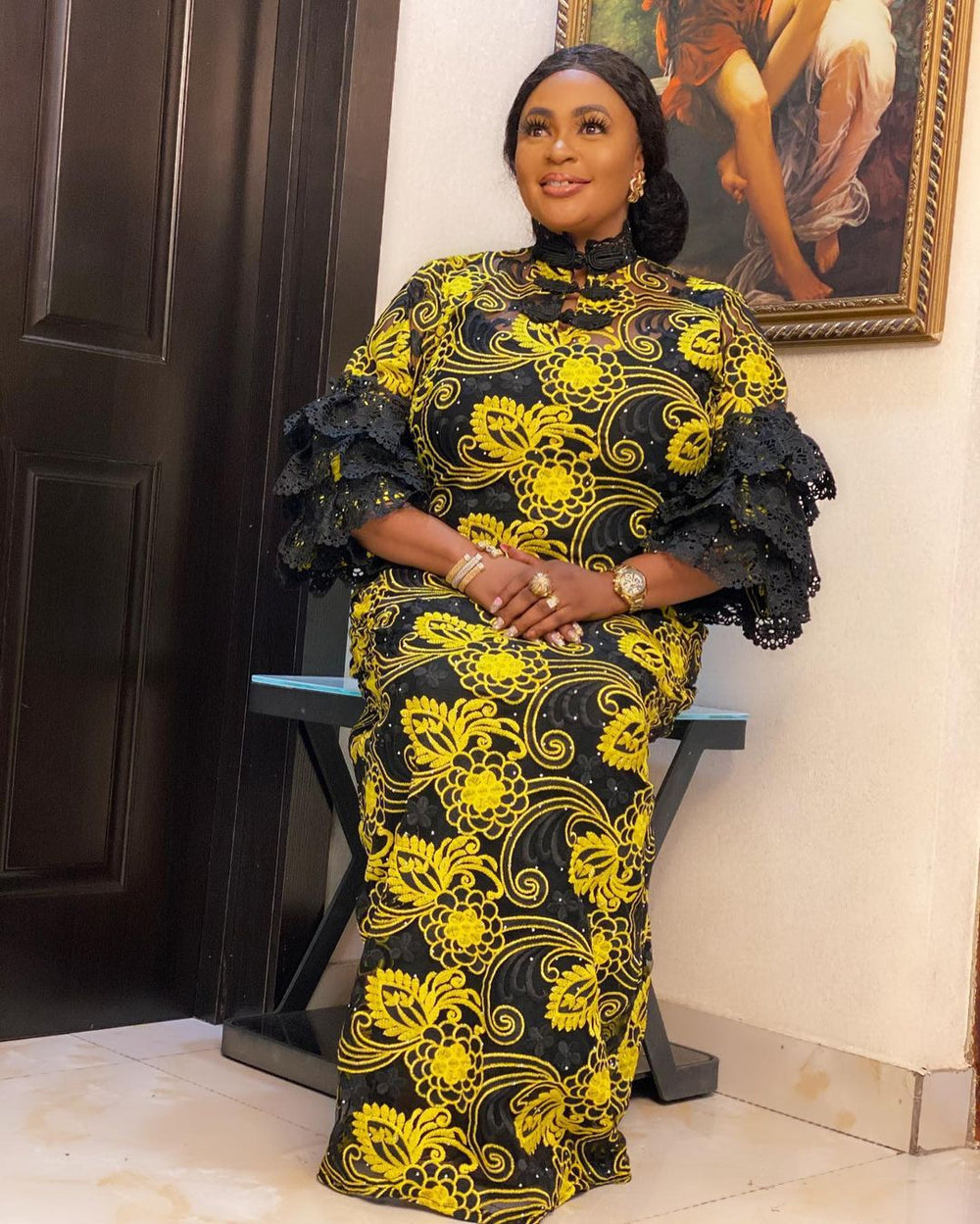 African women's lace robe - cross-border supply, elegant commute style, embroidered cake sleeves, loose fit maxi dress