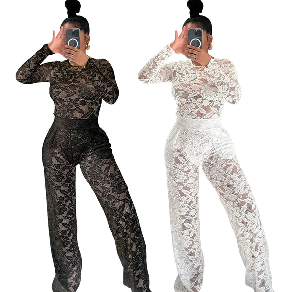 K10773 Cross-border exclusive   European and American women's clothing long-sleeved lace onesie straight pants set new