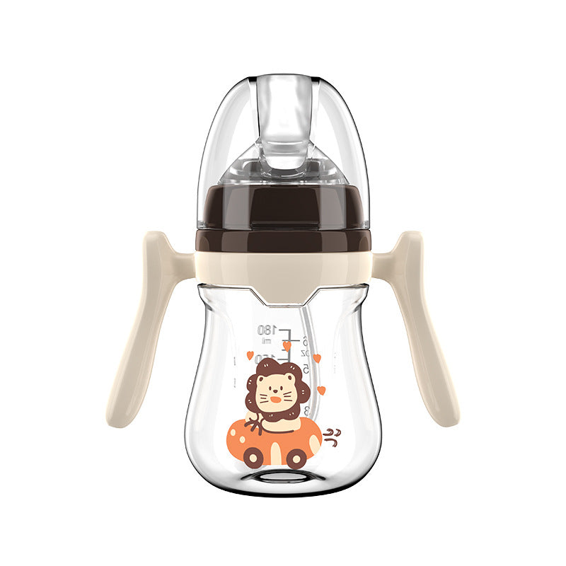 English boxed baby bottle anti-choking and anti-flatulence wide diameter bottle with handle and straw PP bottle wholesale