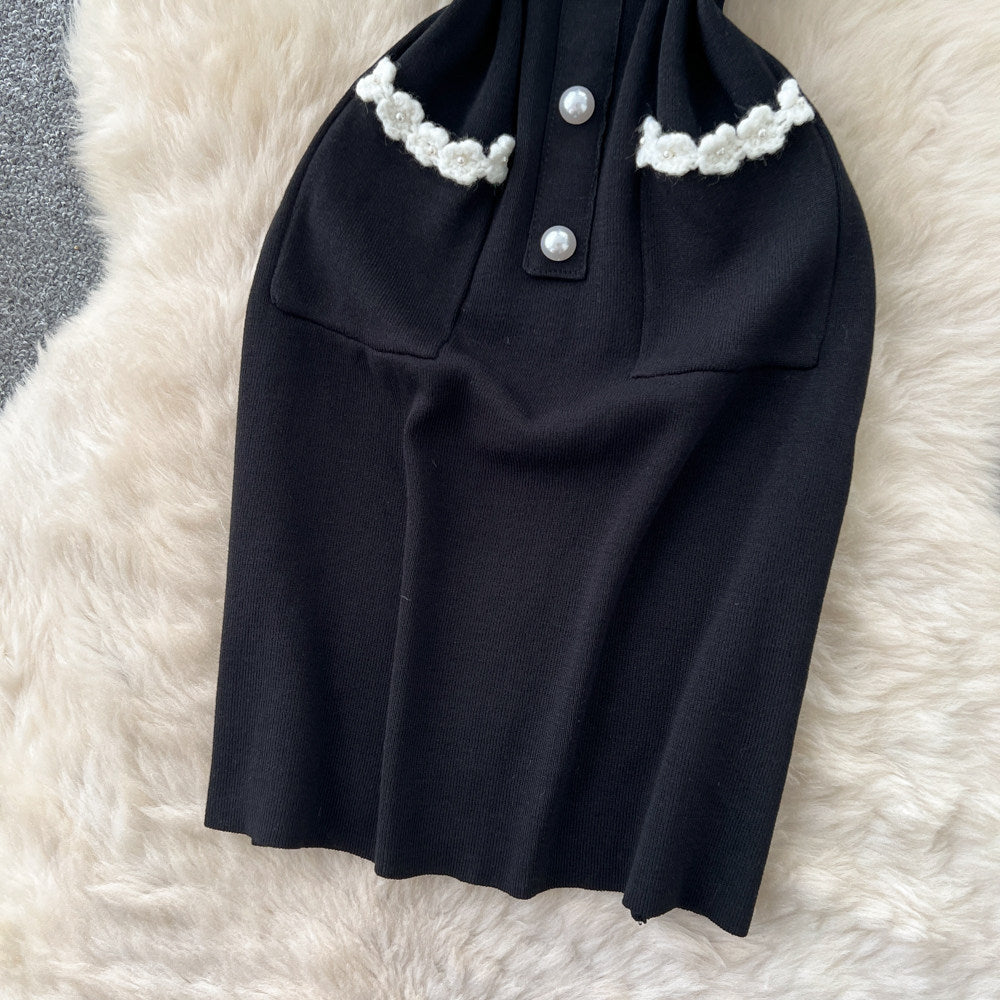 Xiaoxiangfeng pearl sleeveless blackdress women's summer waist slimming look pearl decoration qianjin style knitting skirt