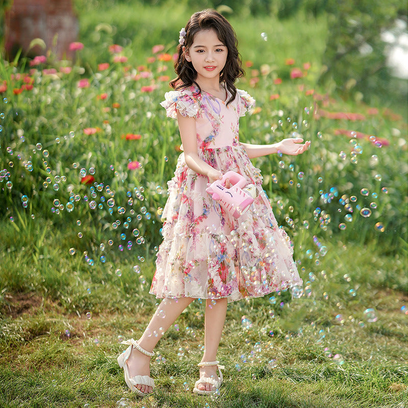 new korean style girls' princess dress - summer lightweight square neck printed chiffon short sleeve dress for children