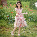 new korean style girls' princess dress - summer lightweight square neck printed chiffon short sleeve dress for children