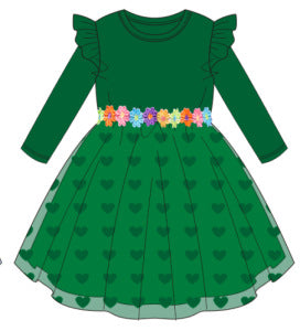 Kids' long-sleeve ribbed knit dress with lace trim and heart-shaped mesh detail