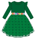 Kids' long-sleeve ribbed knit dress with lace trim and heart-shaped mesh detail