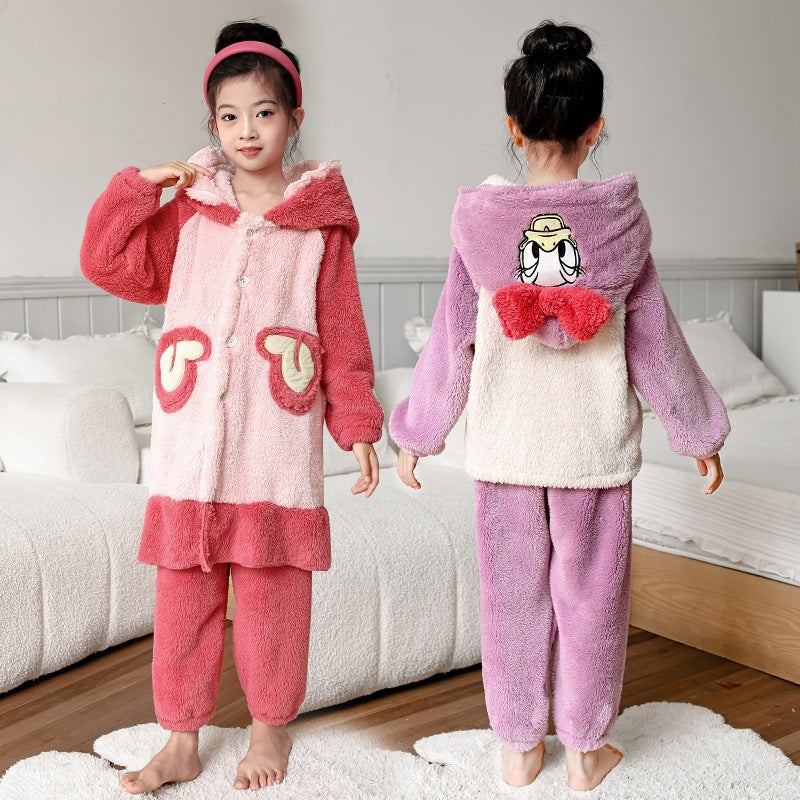 Girls' cartoon strawberry bear hooded pajamas - winter home wear two-piece set - warm, fleece-lined, and extra thick (sizes for toddlers to big kids)