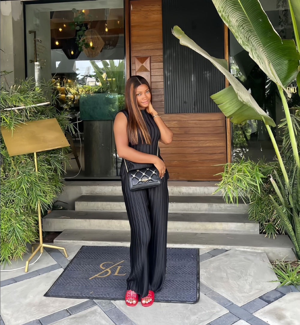 European and american cross-border women's fashion  autumn new solid color sleeveless round neck top slim fit casual wide leg pants set