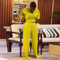 European and american style women's  autumn sweet & fresh loose plus size v-neck three-quarter sleeve blouse and high-waisted straight-leg pants two-piece set