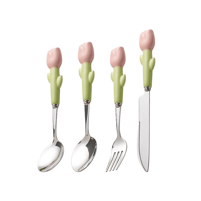Simple 304 stainless steel kids knife, fork and spoon combination, high-looking spoon, tulip ceramic handle, steak knife