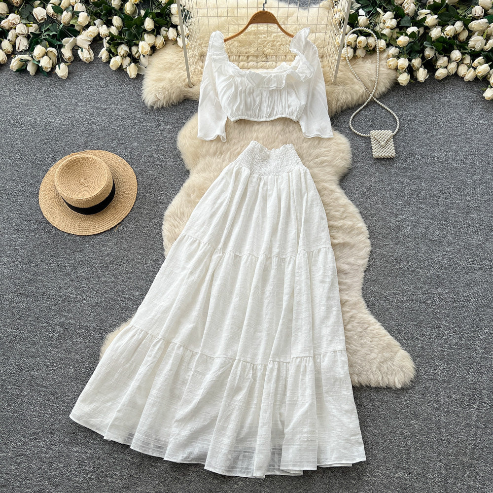 French romantic white square neck puff sleeve top and high-waisted tiered skirt two-piece set - summer vacation style