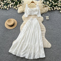 French romantic white square neck puff sleeve top and high-waisted tiered skirt two-piece set - summer vacation style