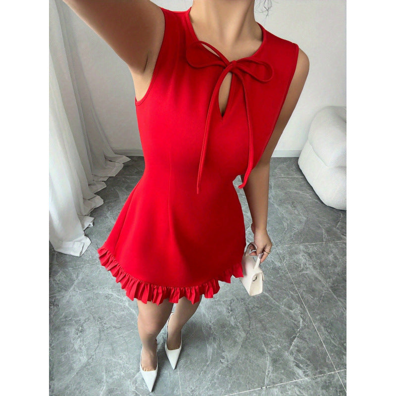 Women's round neck bow design front cut sleeveless silm hem color block ruffles mini dress