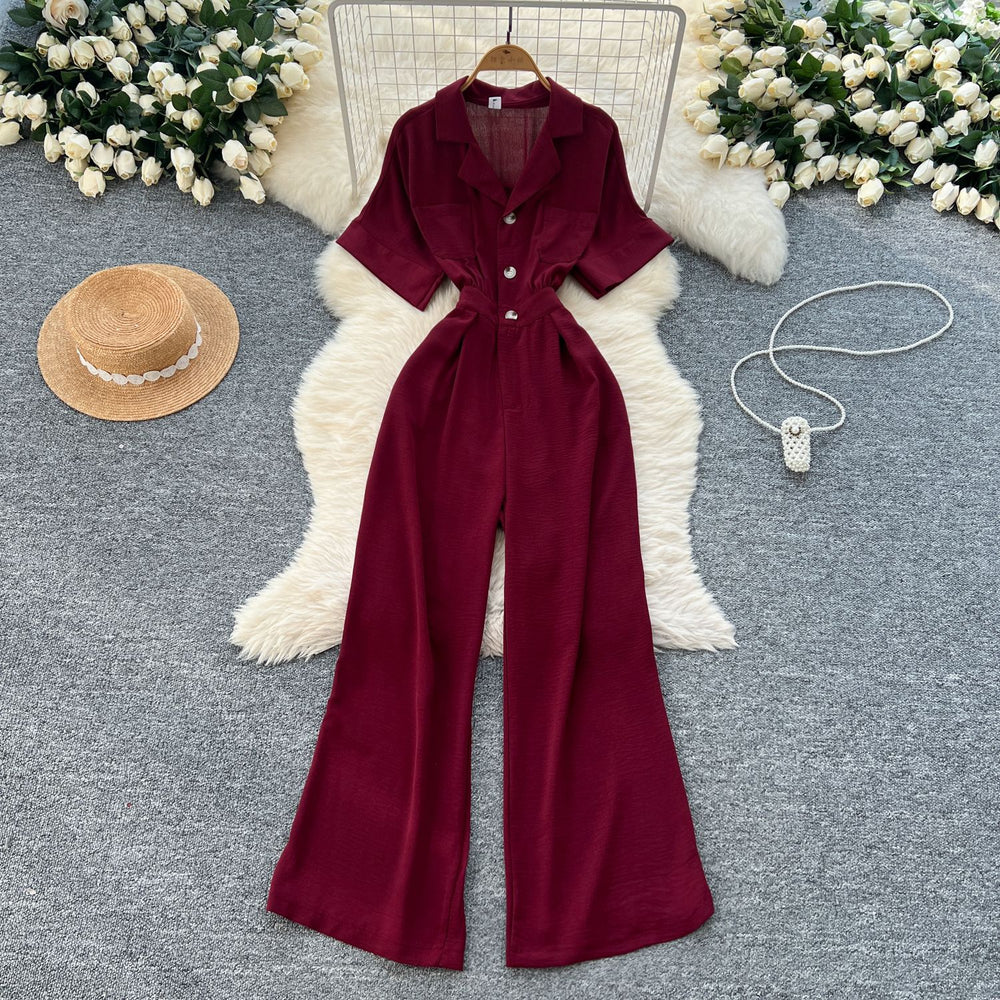 Summer women's new jumpsuit chic niche lightly mature style suit collar single breasted short sleeve high waistcasual jumpsuit