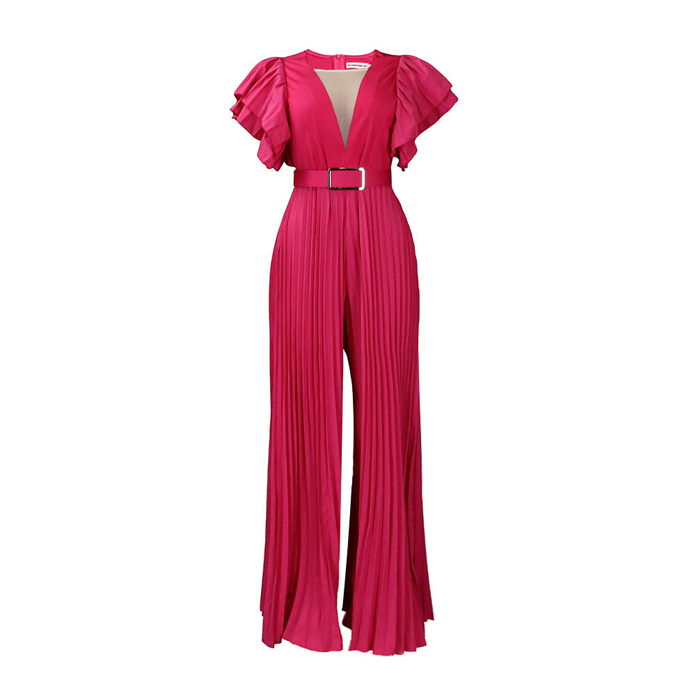 D291 plus size women's jumpsuit with belt - new european and american style, mesh, see-through, sexy, pleated, wide leg, cinched waist, export quality