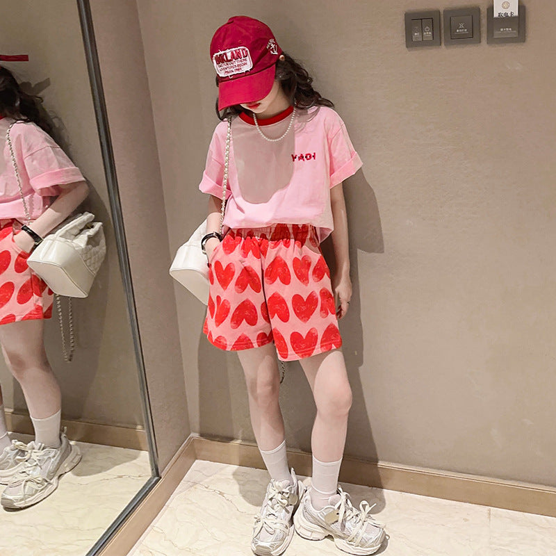 Girls' summer short-sleeve and shorts activewear set - trendy and stylish korean style casual summer outfit for girls (sizes for mid-to-large children)