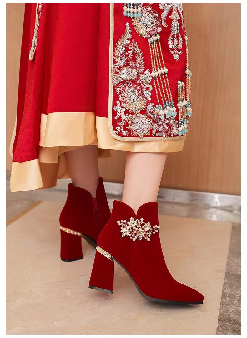 Wedding shoes bridal shoes winter fleece-lined thick heel 2023new arrivalwinter red high heels women's wedding boots not tired feet