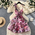 Romantic vacation style v-neck floral print dress - women's summer backless tie-up a-line dress - sexy, elegant, and slimming