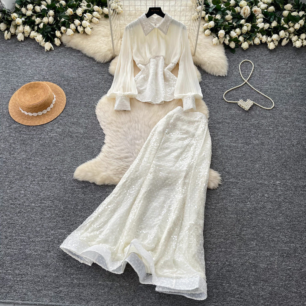 French chic sequin mesh pleated two-piece set - women's spring/autumn high-waisted tie-waist premium elegant outfit