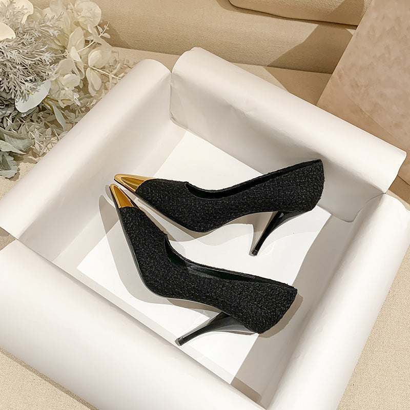 Xd huizhou autumn new patent leather flats wool flats black stiletto heel european and american fashion elegant metal pointed toe