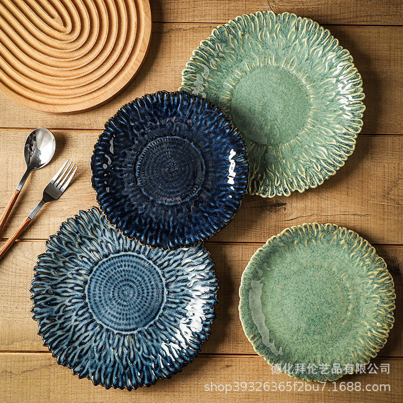 Kiln-turned retro style grids ceramic flower plate creative for home sunflower plate fruit salad plate japanese style plate
