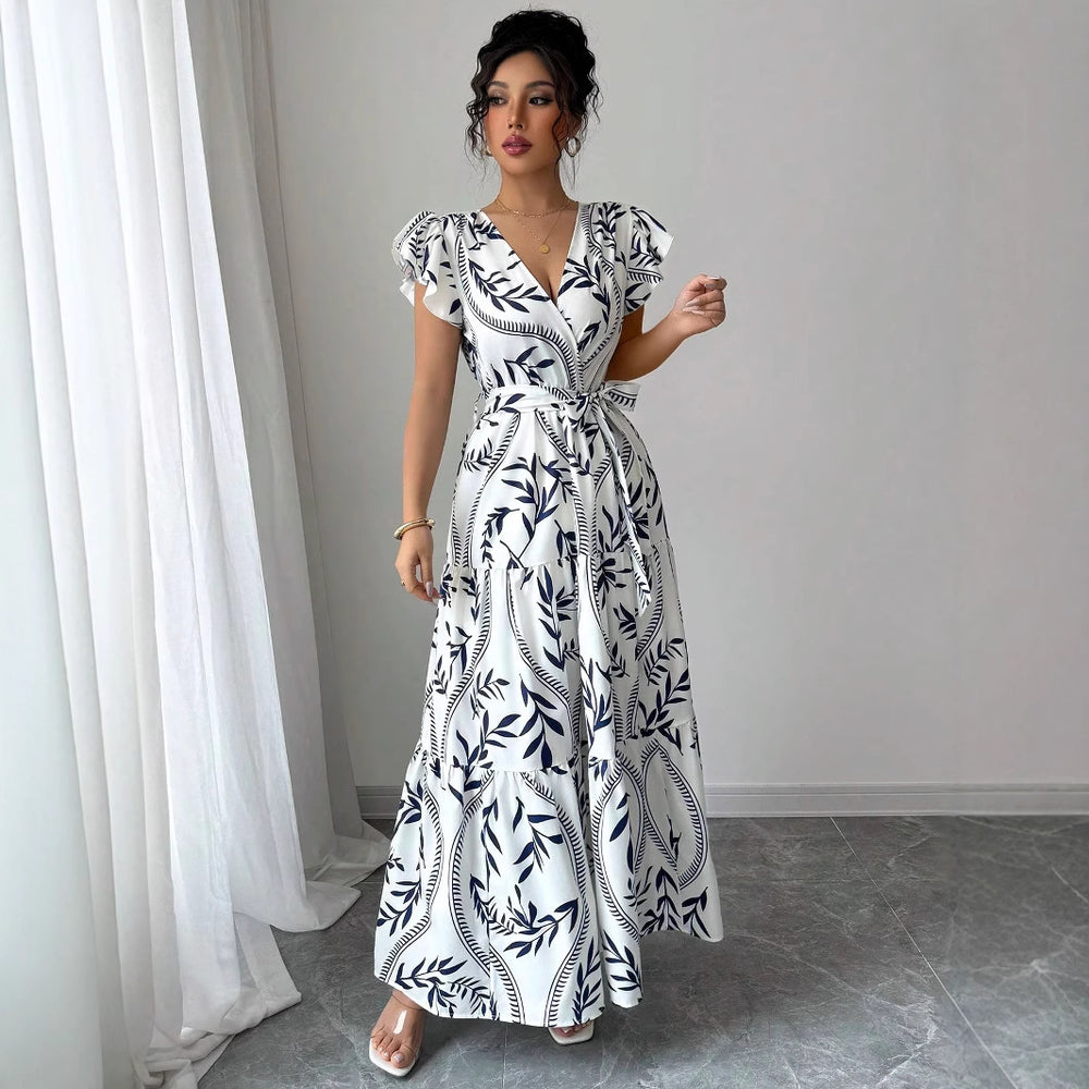 spring/summer  new arrival: printed ruffle trim v-neck sexy slim-fit long dress/gown