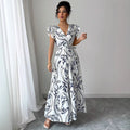 spring/summer  new arrival: printed ruffle trim v-neck sexy slim-fit long dress/gown