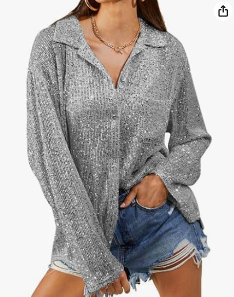 2025 autumn european and american cross-border women's fashion: new sequin long-sleeve turn-down collar casual blouse for amazon