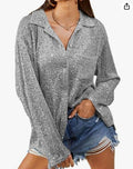 2025 autumn european and american cross-border women's fashion: new sequin long-sleeve turn-down collar casual blouse for amazon