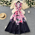 European and american niche fashion retro suit collar sleeveless cinched waist printed dress - women's slimming a-line elegant maxi dress