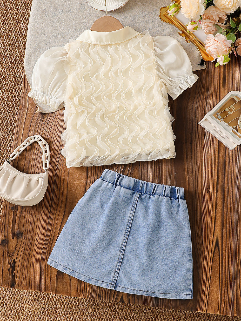 hot selling girls' 3d wave top + beaded heavy-duty washed denim mini skirt two-piece set