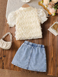 hot selling girls' 3d wave top + beaded heavy-duty washed denim mini skirt two-piece set