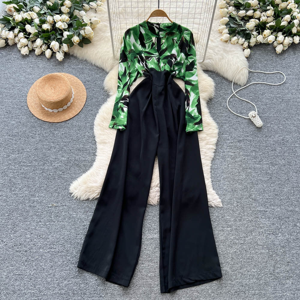 Autumn wear light mature style royal sister style classy sense v necklong sleevesprintingpatchworkhigh waistslimming lookcasualloose pants jumpsuit