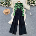 Autumn wear light mature style royal sister style classy sense v necklong sleevesprintingpatchworkhigh waistslimming lookcasualloose pants jumpsuit