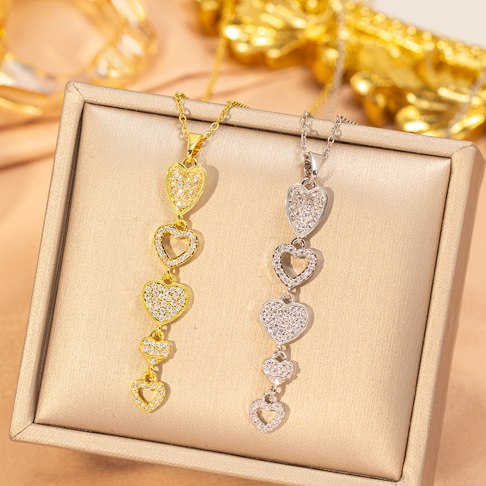 [titanium steel] fashion popular copper inlaid zirconium long heart necklace for women, accessible luxury fashion, high-end collarbone chain accessories